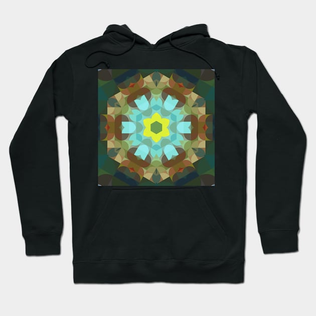 Retro Mandala Flower Yellow Blue and Brown Hoodie by WormholeOrbital